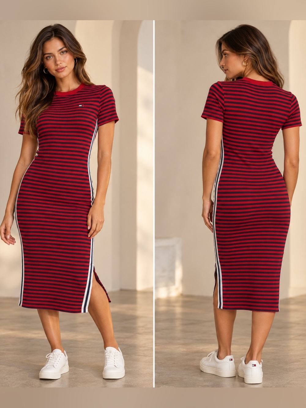 Tommy Jeans Striped Ribbed Short Sleeve Midi Dress Size Small